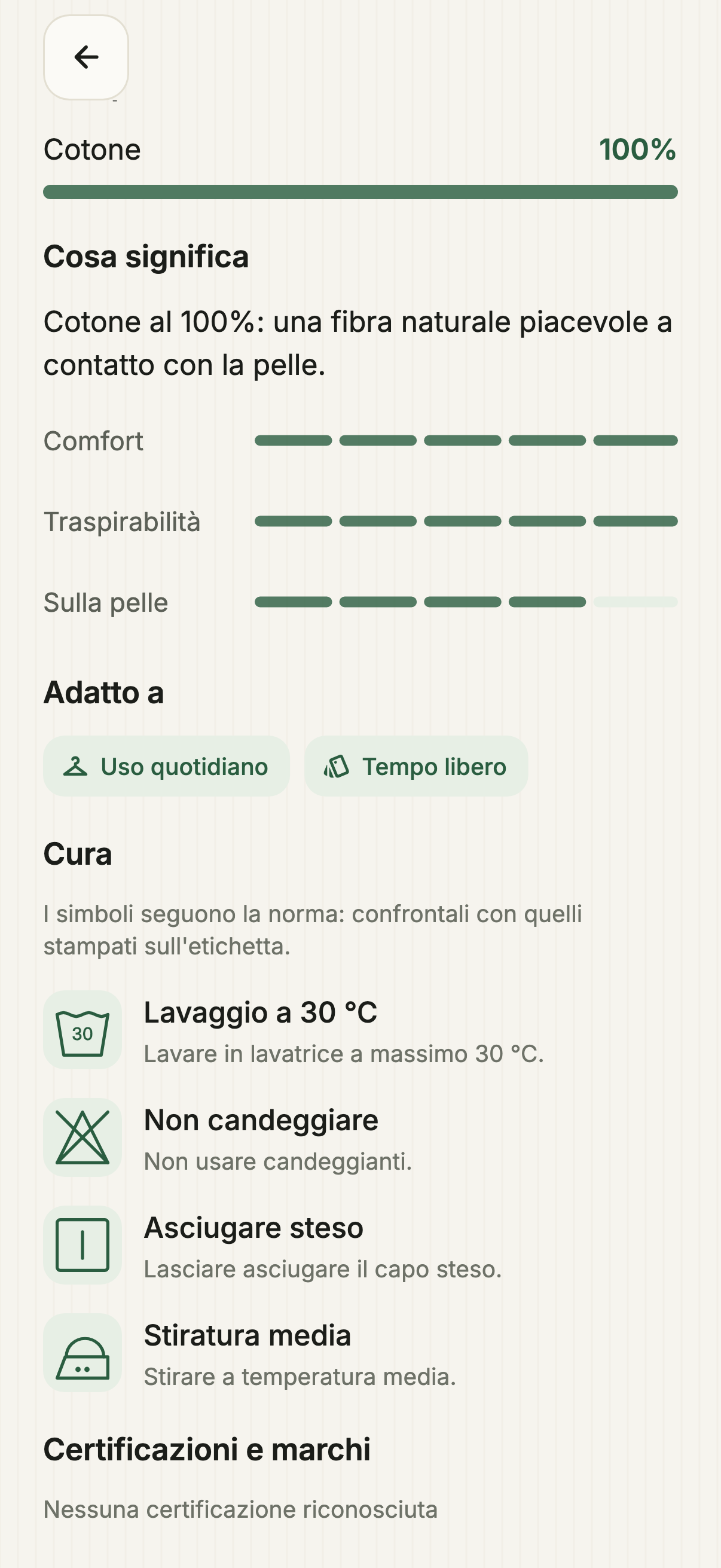Dettaglio reale del risultato Sbircia con indicatori del tessuto e istruzioni di lavaggio