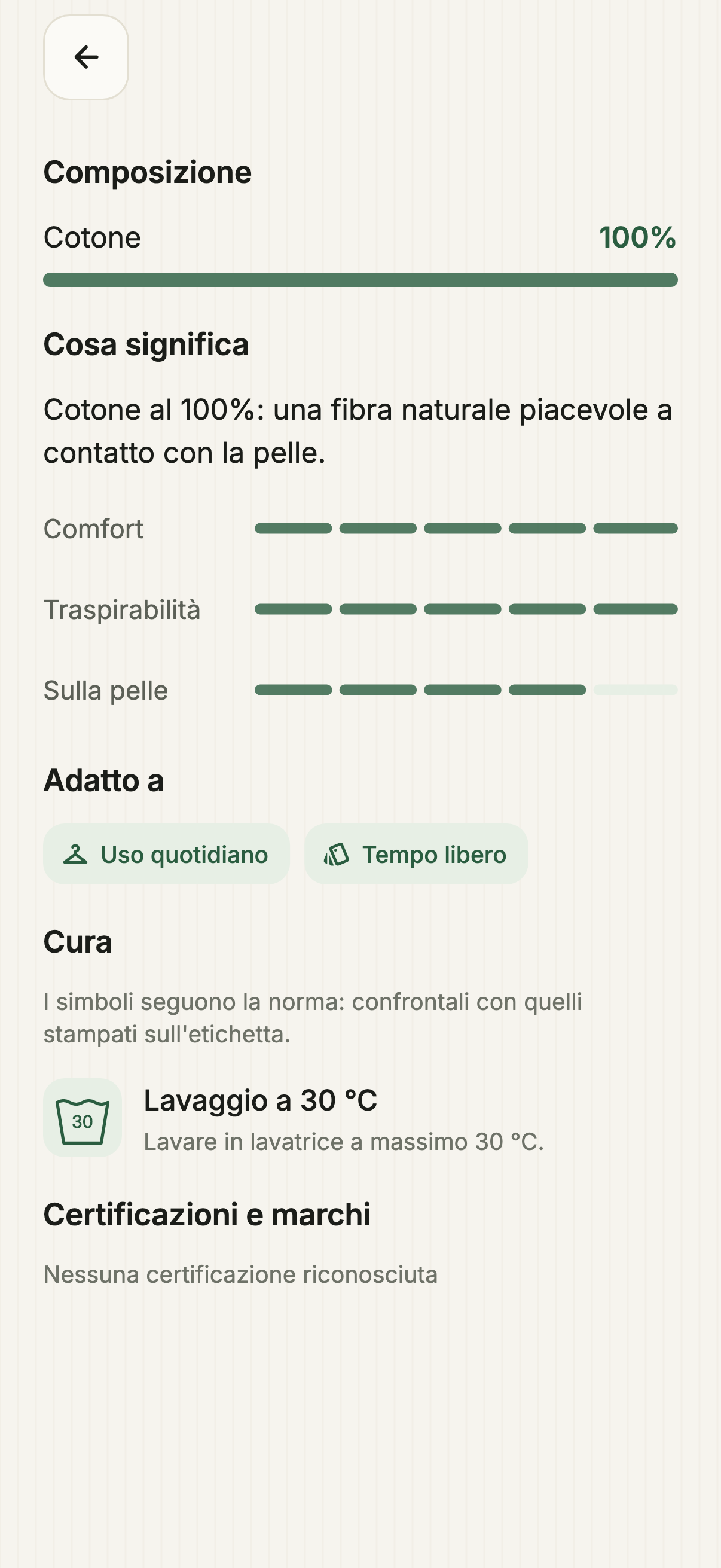 Dettaglio reale del risultato Sbircia: composizione Cotone 100% e barra verde
